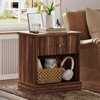 Fluted Nightstand with drawer, Light Wood Bedside Table with Open Shelf, Space Saving Side Table with Curved Edge Base for Living Room Bedroom
