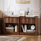 Fluted Nightstand with drawer, Light Wood Bedside Table with Open Shelf, Space Saving Side Table with Curved Edge Base for Living Room Bedroom