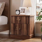 Fluted Nightstand with drawer, Light Wood Bedside Table with Open Shelf, Space Saving Side Table with Curved Edge Base for Living Room Bedroom