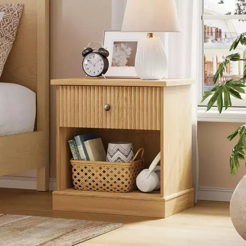 Fluted Nightstand with drawer, Light Wood Bedside Table with Open Shelf, Space Saving Side Table with Curved Edge Base for Living Room Bedroom
