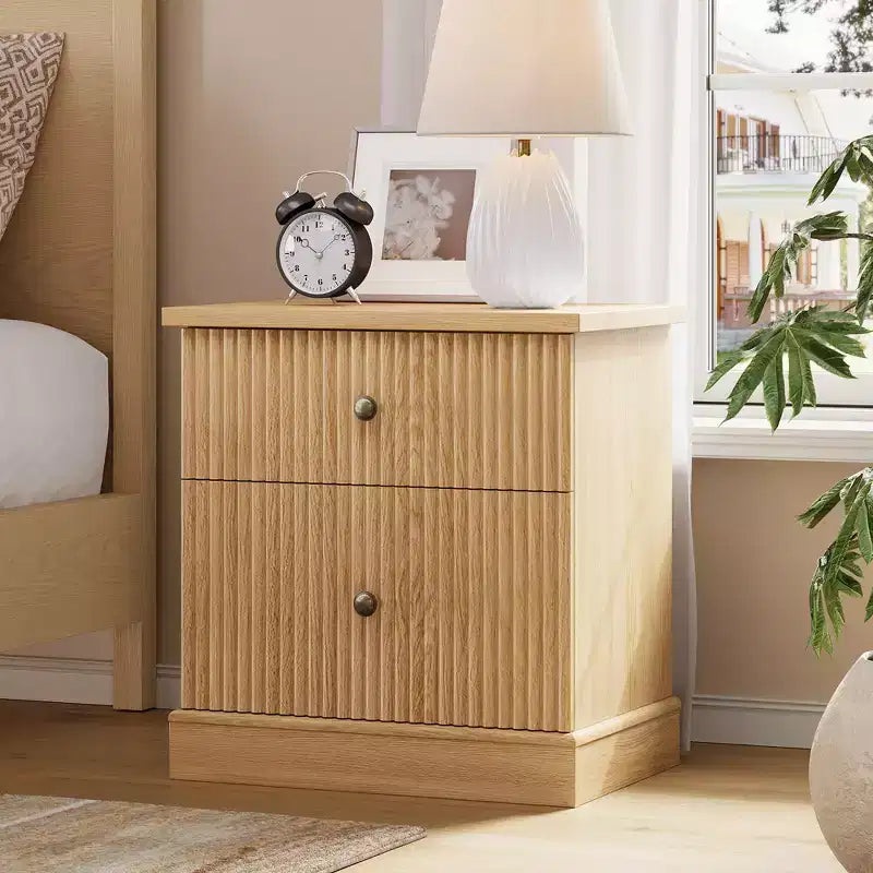 Fluted Nightstand with drawer, Light Wood Bedside Table with Open Shelf, Space Saving Side Table with Curved Edge Base for Living Room Bedroom