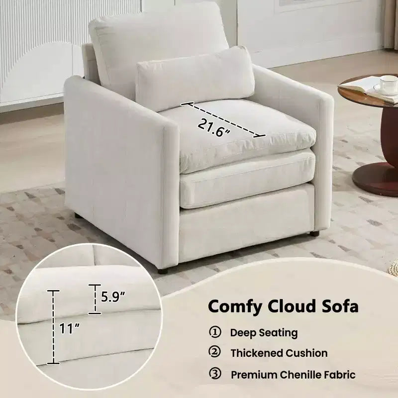 31.9 Cozy Upholstered Armchair Oversized Confy Cloud Sofa Doublr Cushion Single Sofa for Living Room Beige