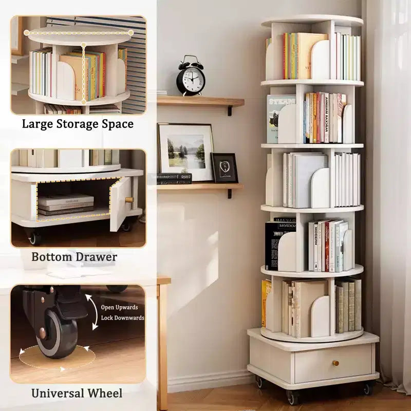 VIYET 68 6-Tier 360 Rotating Bookshelf, White Color MDF Tower w/ Wheels & Drawer (Space-Saving Storage for Home/Office)