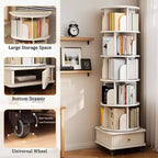 VIYET 68 6-Tier 360 Rotating Bookshelf, White Color MDF Tower w/ Wheels & Drawer (Space-Saving Storage for Home/Office)