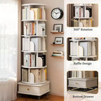 VIYET 68 6-Tier 360 Rotating Bookshelf, White Color MDF Tower w/ Wheels & Drawer (Space-Saving Storage for Home/Office)