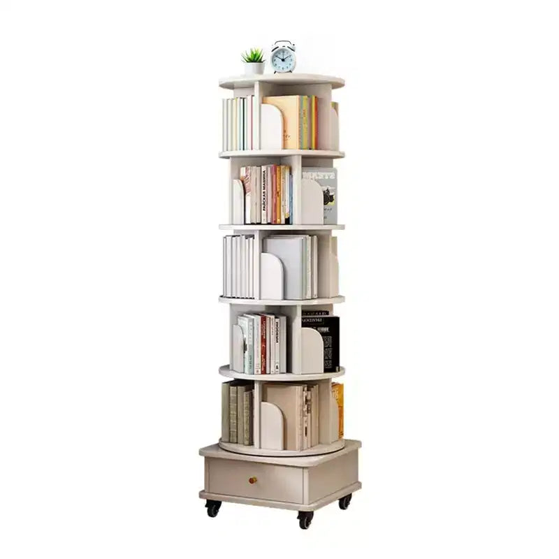 VIYET 68 6-Tier 360 Rotating Bookshelf, White Color MDF Tower w/ Wheels & Drawer (Space-Saving Storage for Home/Office)