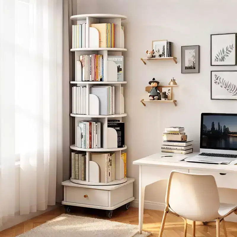 VIYET 68 6-Tier 360 Rotating Bookshelf, White Color MDF Tower w/ Wheels & Drawer (Space-Saving Storage for Home/Office)