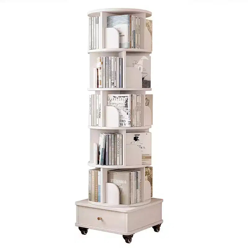 VIYET 68 6-Tier 360 Rotating Bookshelf, White Color MDF Tower w/ Wheels & Drawer (Space-Saving Storage for Home/Office)