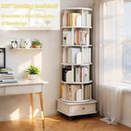 VIYET 68 6-Tier 360 Rotating Bookshelf, White Color MDF Tower w/ Wheels & Drawer (Space-Saving Storage for Home/Office)