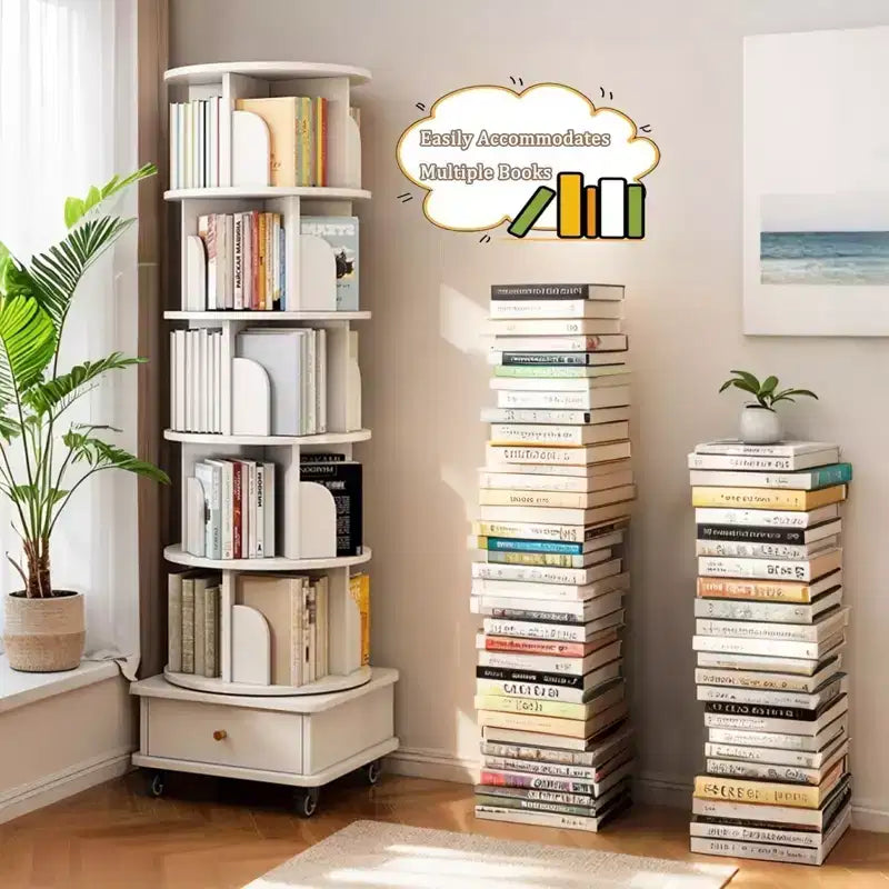VIYET 68 6-Tier 360 Rotating Bookshelf, White Color MDF Tower w/ Wheels & Drawer (Space-Saving Storage for Home/Office)