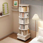 VIYET 68 6-Tier 360 Rotating Bookshelf, White Color MDF Tower w/ Wheels & Drawer (Space-Saving Storage for Home/Office)