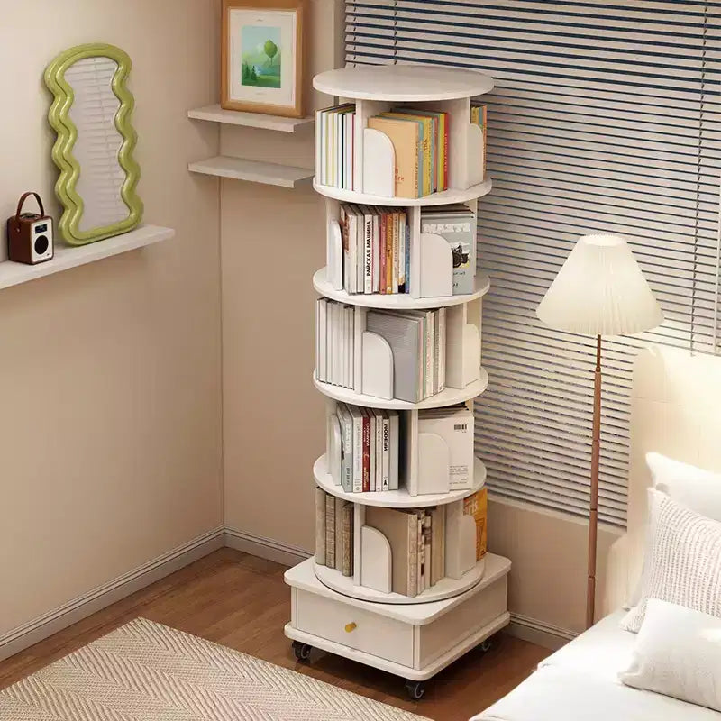 VIYET 68 6-Tier 360 Rotating Bookshelf, White Color MDF Tower w/ Wheels & Drawer (Space-Saving Storage for Home/Office)