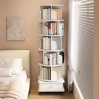 VIYET 68 6-Tier 360 Rotating Bookshelf, White Color MDF Tower w/ Wheels & Drawer (Space-Saving Storage for Home/Office)