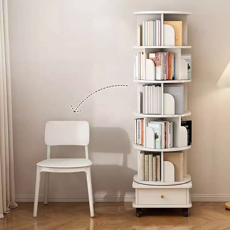 VIYET 68 6-Tier 360 Rotating Bookshelf, White Color MDF Tower w/ Wheels & Drawer (Space-Saving Storage for Home/Office)