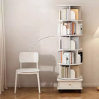 VIYET 68 6-Tier 360 Rotating Bookshelf, White Color MDF Tower w/ Wheels & Drawer (Space-Saving Storage for Home/Office)
