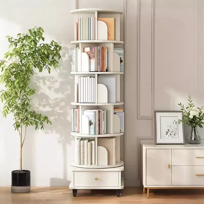 VIYET 68 6-Tier 360 Rotating Bookshelf, White Color MDF Tower w/ Wheels & Drawer (Space-Saving Storage for Home/Office)