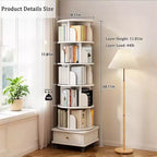 VIYET 68 6-Tier 360 Rotating Bookshelf, White Color MDF Tower w/ Wheels & Drawer (Space-Saving Storage for Home/Office)