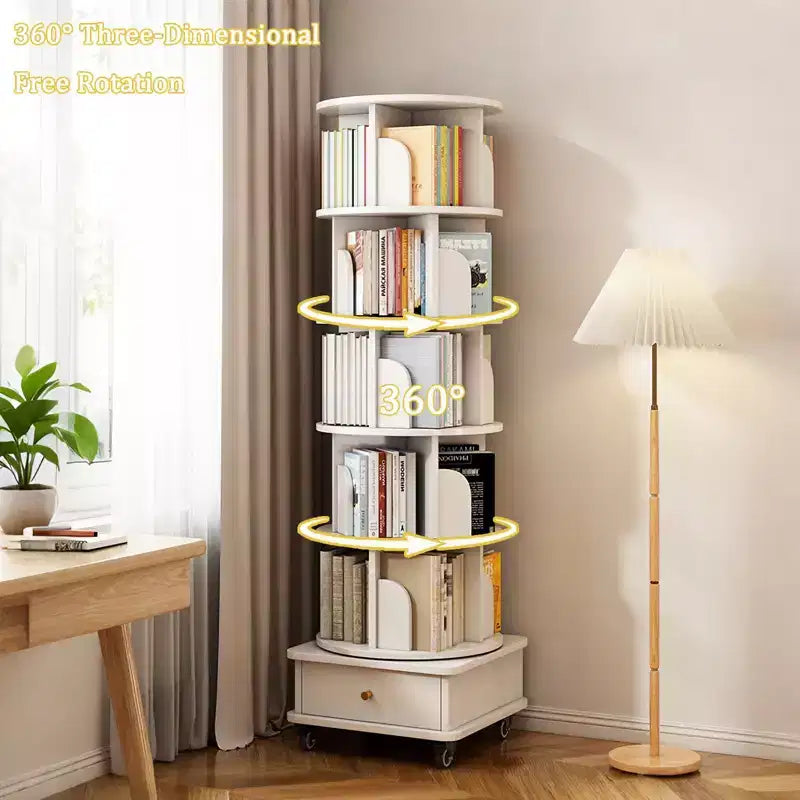 VIYET 68 6-Tier 360 Rotating Bookshelf, White Color MDF Tower w/ Wheels & Drawer (Space-Saving Storage for Home/Office)