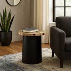 Rustic End Table, Side Table, or Night Stand for Home Decor - Metal Bedside Table with Hammered Cylinder Base and Wood Top - 18 Brown & Black