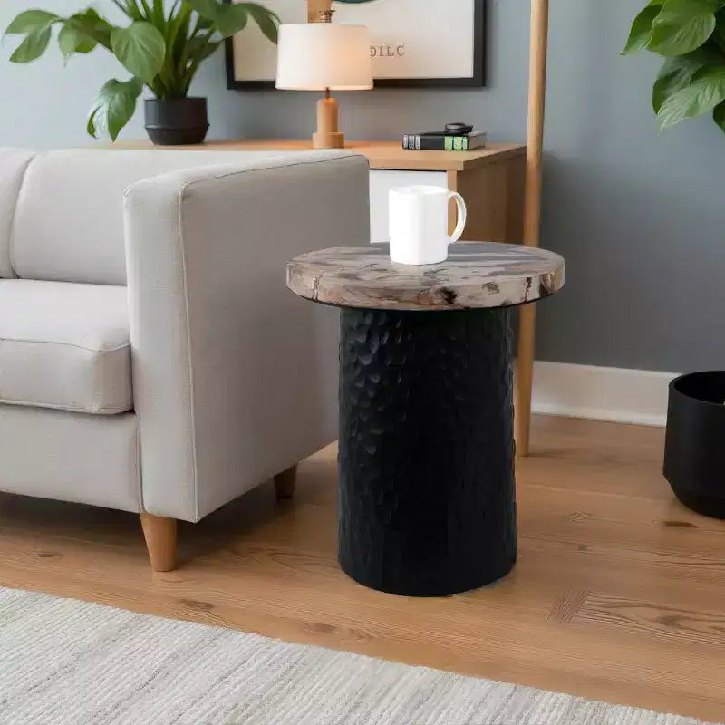 Rustic End Table, Side Table, or Night Stand for Home Decor - Metal Bedside Table with Hammered Cylinder Base and Wood Top - 18 Brown & Black