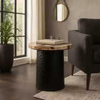 Rustic End Table, Side Table, or Night Stand for Home Decor - Metal Bedside Table with Hammered Cylinder Base and Wood Top - 18 Brown & Black