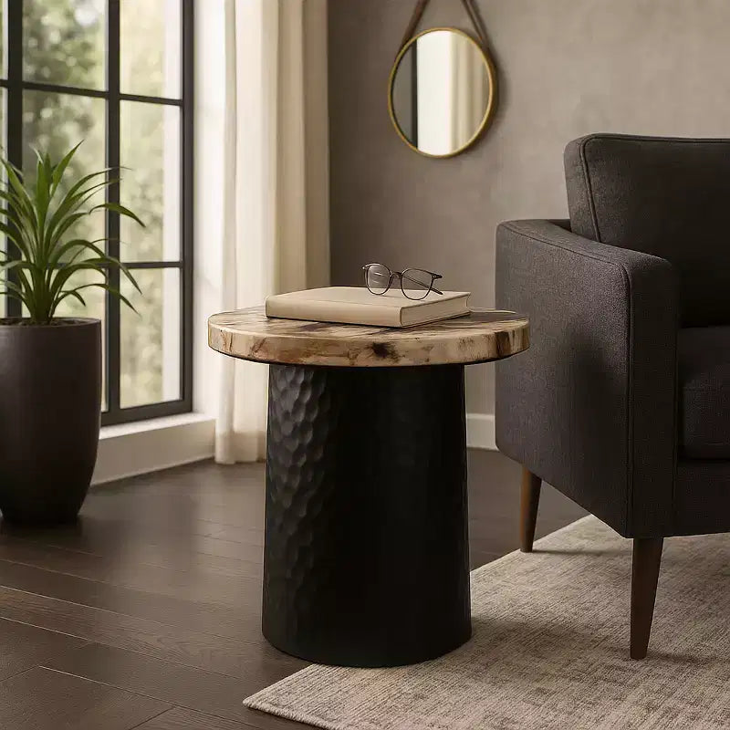 Rustic End Table, Side Table, or Night Stand for Home Decor - Metal Bedside Table with Hammered Cylinder Base and Wood Top - 18 Brown & Black