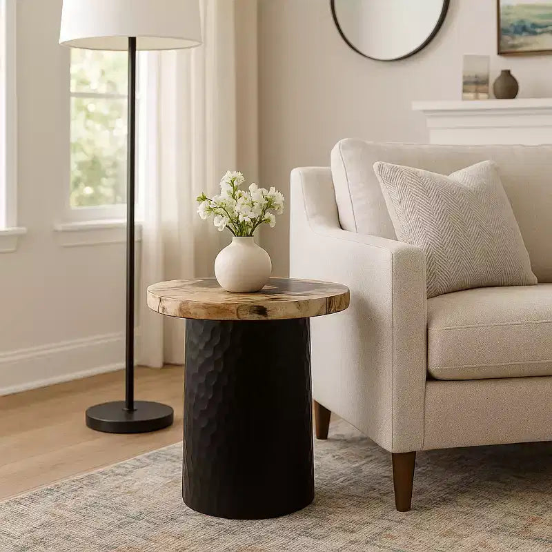 Rustic End Table, Side Table, or Night Stand for Home Decor - Metal Bedside Table with Hammered Cylinder Base and Wood Top - 18 Brown & Black