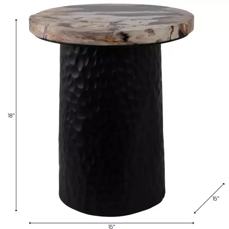 Rustic End Table, Side Table, or Night Stand for Home Decor - Metal Bedside Table with Hammered Cylinder Base and Wood Top - 18 Brown & Black