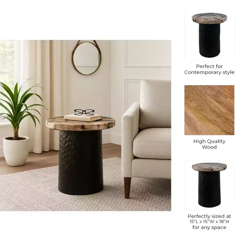 Rustic End Table, Side Table, or Night Stand for Home Decor - Metal Bedside Table with Hammered Cylinder Base and Wood Top - 18 Brown & Black