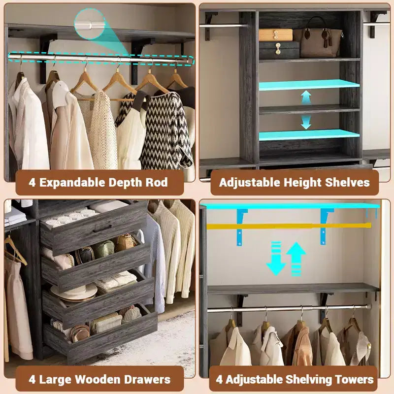8FT Closet Organizer System with 4 Wooden Drawers & Hanging Rods