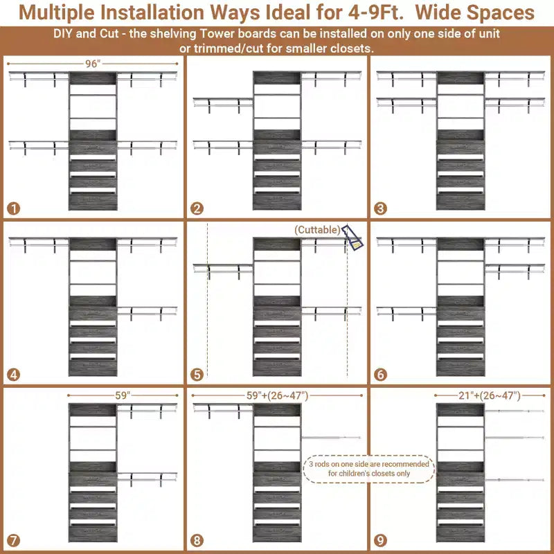 8FT Closet Organizer System with 4 Wooden Drawers & Hanging Rods