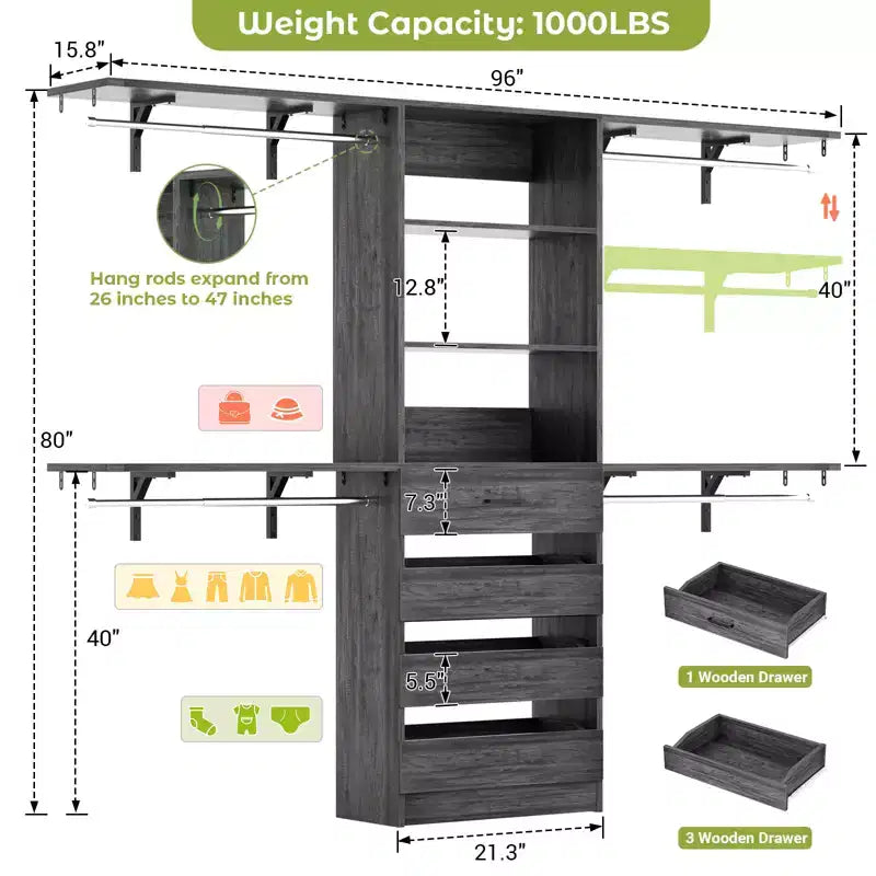 8FT Closet Organizer System with 4 Wooden Drawers & Hanging Rods