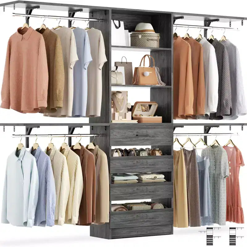8FT Closet Organizer System with 4 Wooden Drawers & Hanging Rods