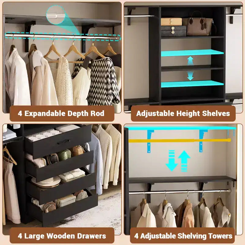 8FT Closet Organizer System with 4 Wooden Drawers & Hanging Rods