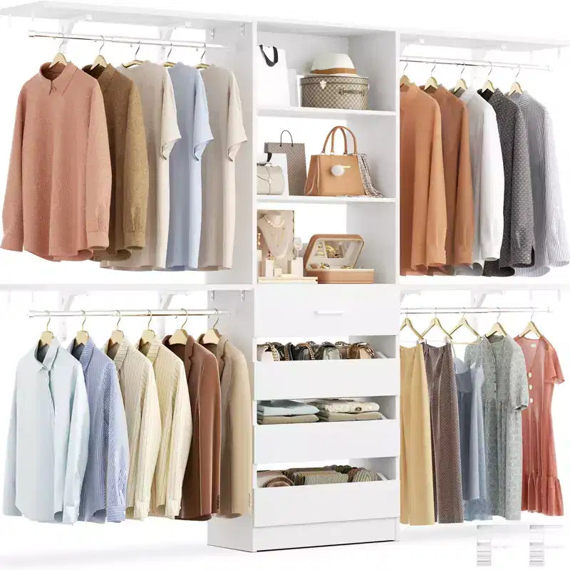 8FT Closet Organizer System with 4 Wooden Drawers & Hanging Rods