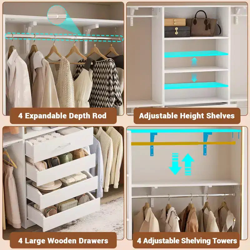 8FT Closet Organizer System with 4 Wooden Drawers & Hanging Rods