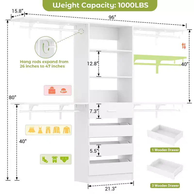 8FT Closet Organizer System with 4 Wooden Drawers & Hanging Rods
