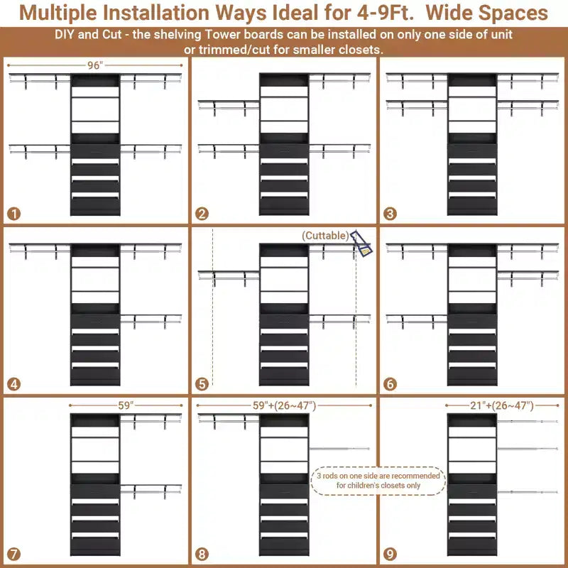 8FT Closet Organizer System with 4 Wooden Drawers & Hanging Rods