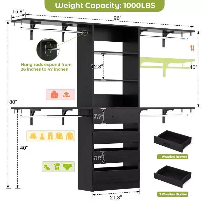 8FT Closet Organizer System with 4 Wooden Drawers & Hanging Rods
