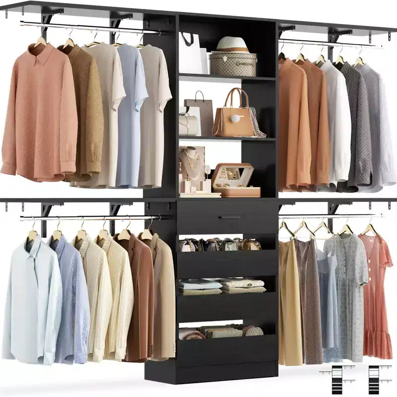 8FT Closet Organizer System with 4 Wooden Drawers & Hanging Rods