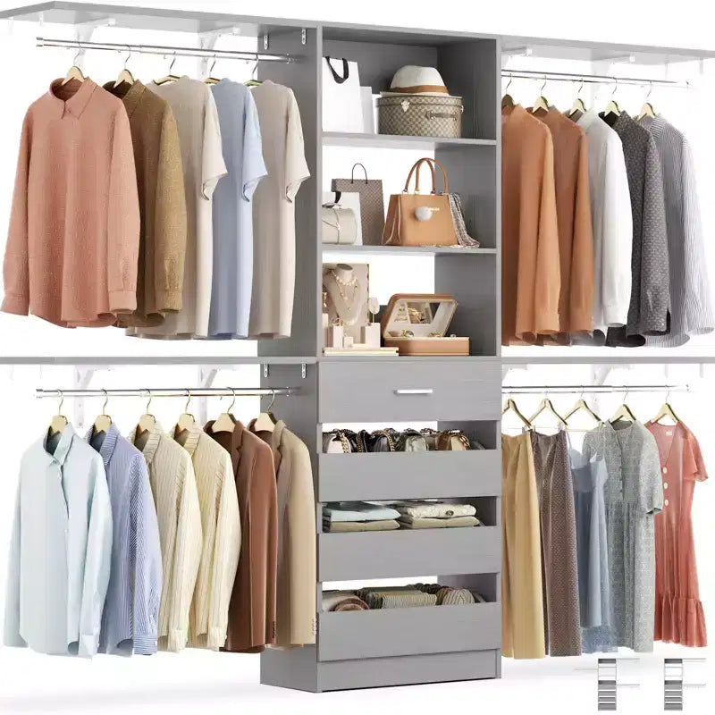 8FT Closet Organizer System with 4 Wooden Drawers & Hanging Rods