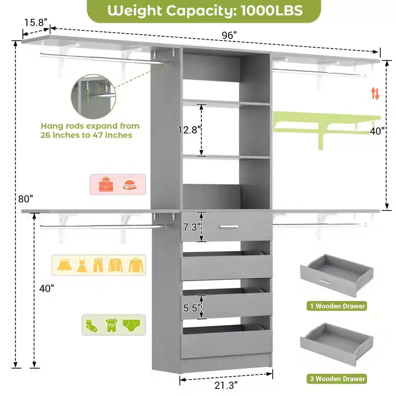 8FT Closet Organizer System with 4 Wooden Drawers & Hanging Rods