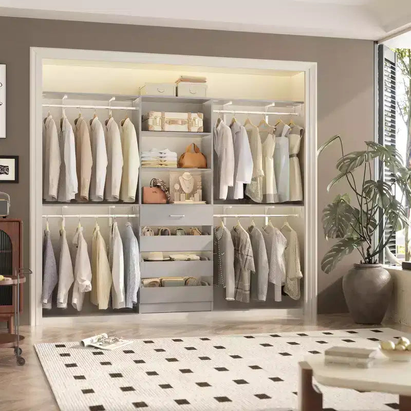8FT Closet Organizer System with 4 Wooden Drawers & Hanging Rods