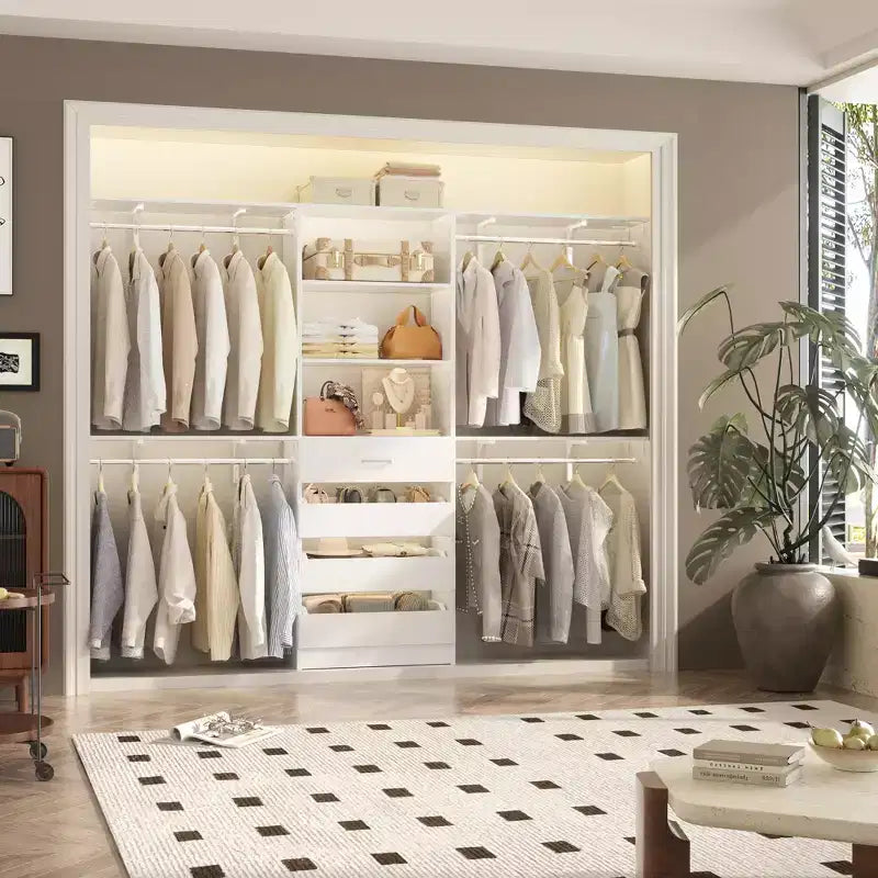 8FT Closet Organizer System with 4 Wooden Drawers & Hanging Rods