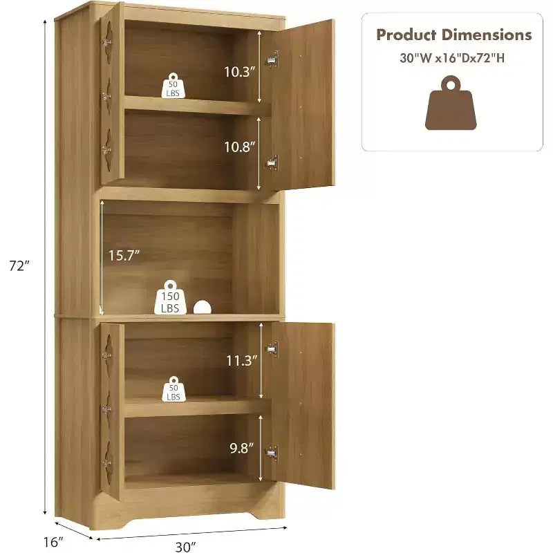 72 Tall Wooden Pantry Cabinet with Carved Door & Crystal Handle, Kitchen Hutch Storage Cabinet with Countertop for Microwave, for Home