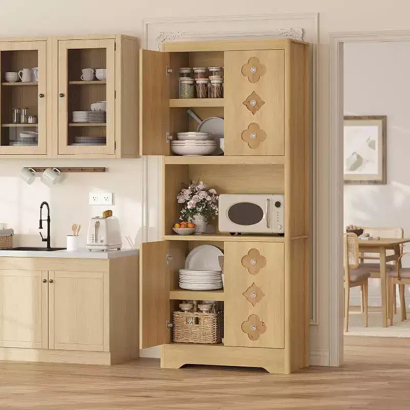 72 Tall Wooden Pantry Cabinet with Carved Door & Crystal Handle, Kitchen Hutch Storage Cabinet with Countertop for Microwave, for Home