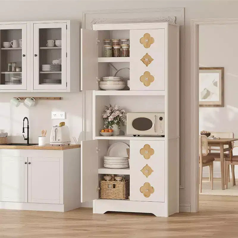 72 Tall Wooden Pantry Cabinet with Carved Door & Crystal Handle, Kitchen Hutch Storage Cabinet with Countertop for Microwave, for Home
