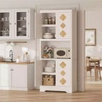 72 Tall Wooden Pantry Cabinet with Carved Door & Crystal Handle, Kitchen Hutch Storage Cabinet with Countertop for Microwave, for Home