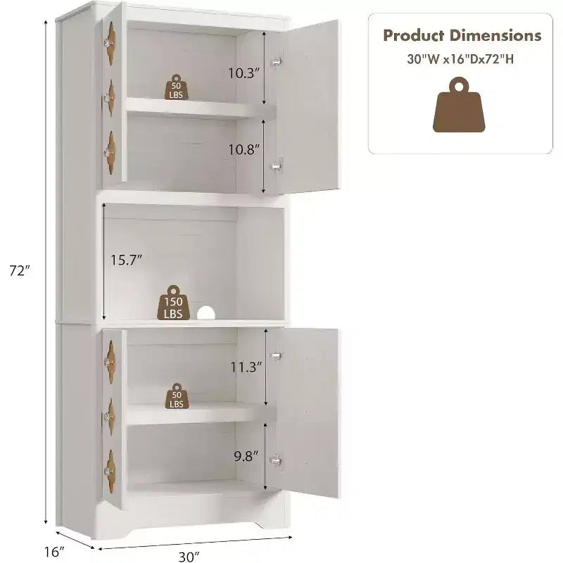 72 Tall Wooden Pantry Cabinet with Carved Door & Crystal Handle, Kitchen Hutch Storage Cabinet with Countertop for Microwave, for Home