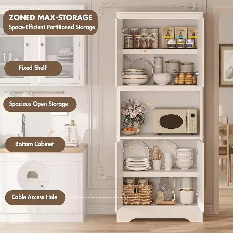 72 Tall Wooden Pantry Cabinet with Carved Door & Crystal Handle, Kitchen Hutch Storage Cabinet with Countertop for Microwave, for Home